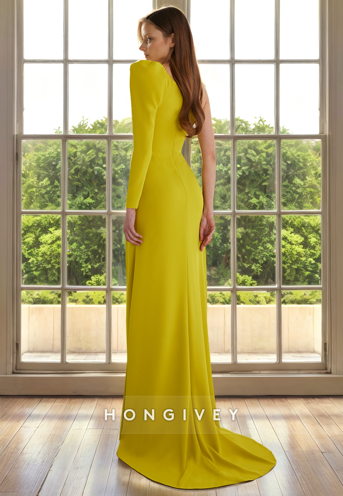 One Shoulder Long Sleeves Ruched With Side Slit Fitted Cocktail Dress