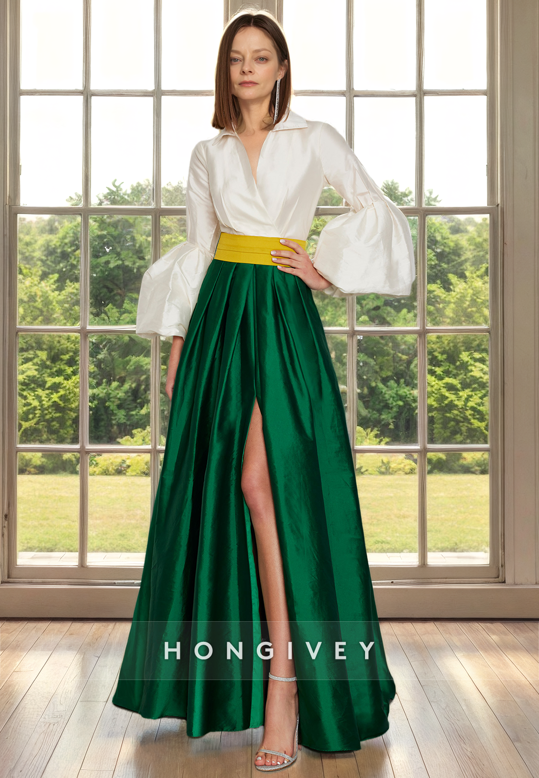 Chic Satin A-Line Two Tone With Side Slit Floor-Length Formal Cocktail Dress
