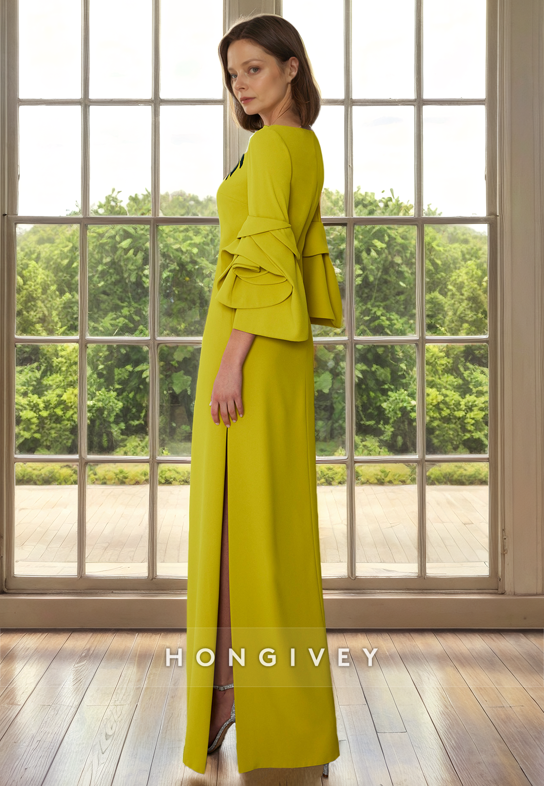 Chic Round Ruffled 3/4 Sleeves Appliques With Side Slit Cocktail Dress
