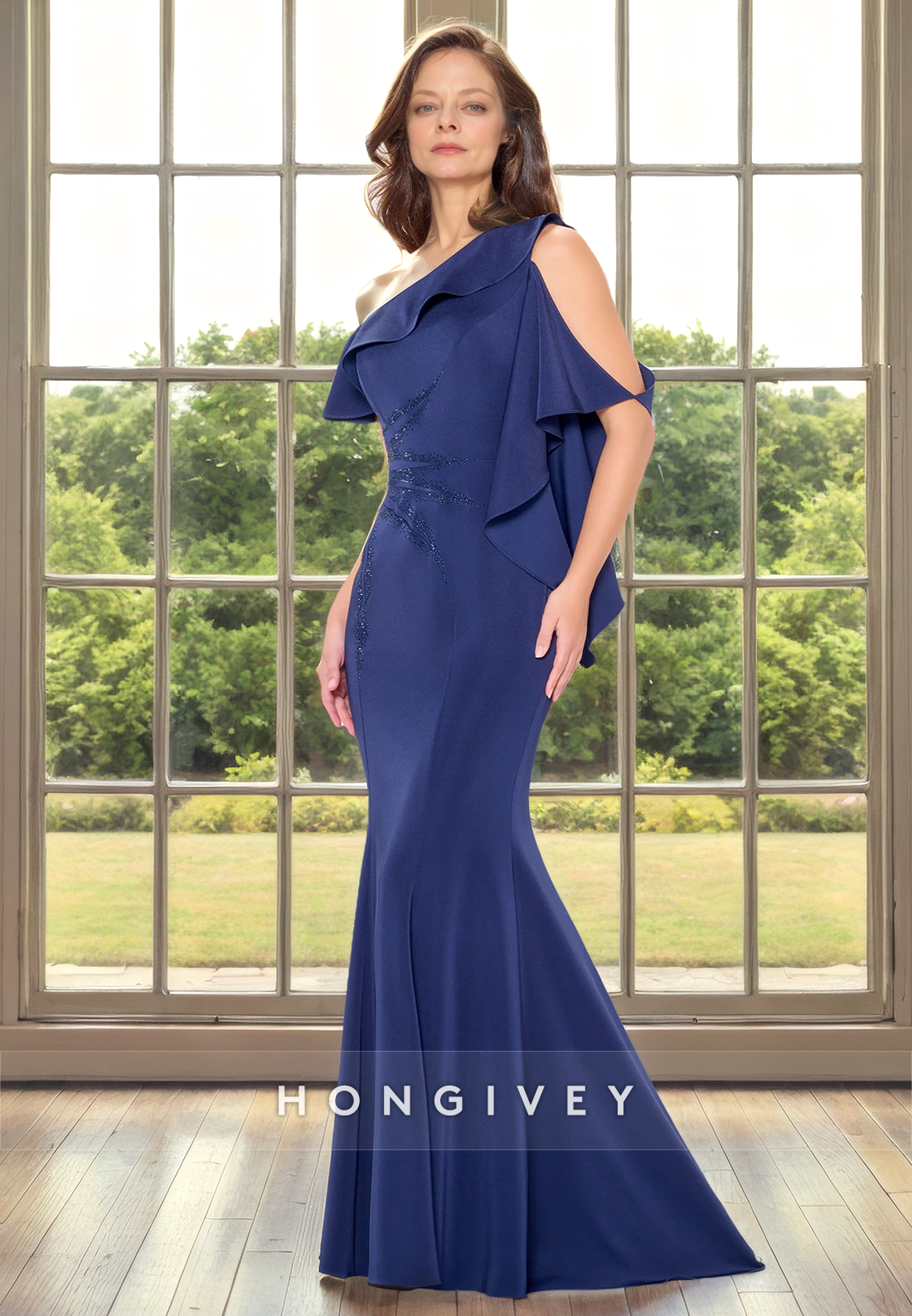 Casual Trumpet Asymmetrical One Shoulder Ruffled Cocktail Mother Of Bridge Dress