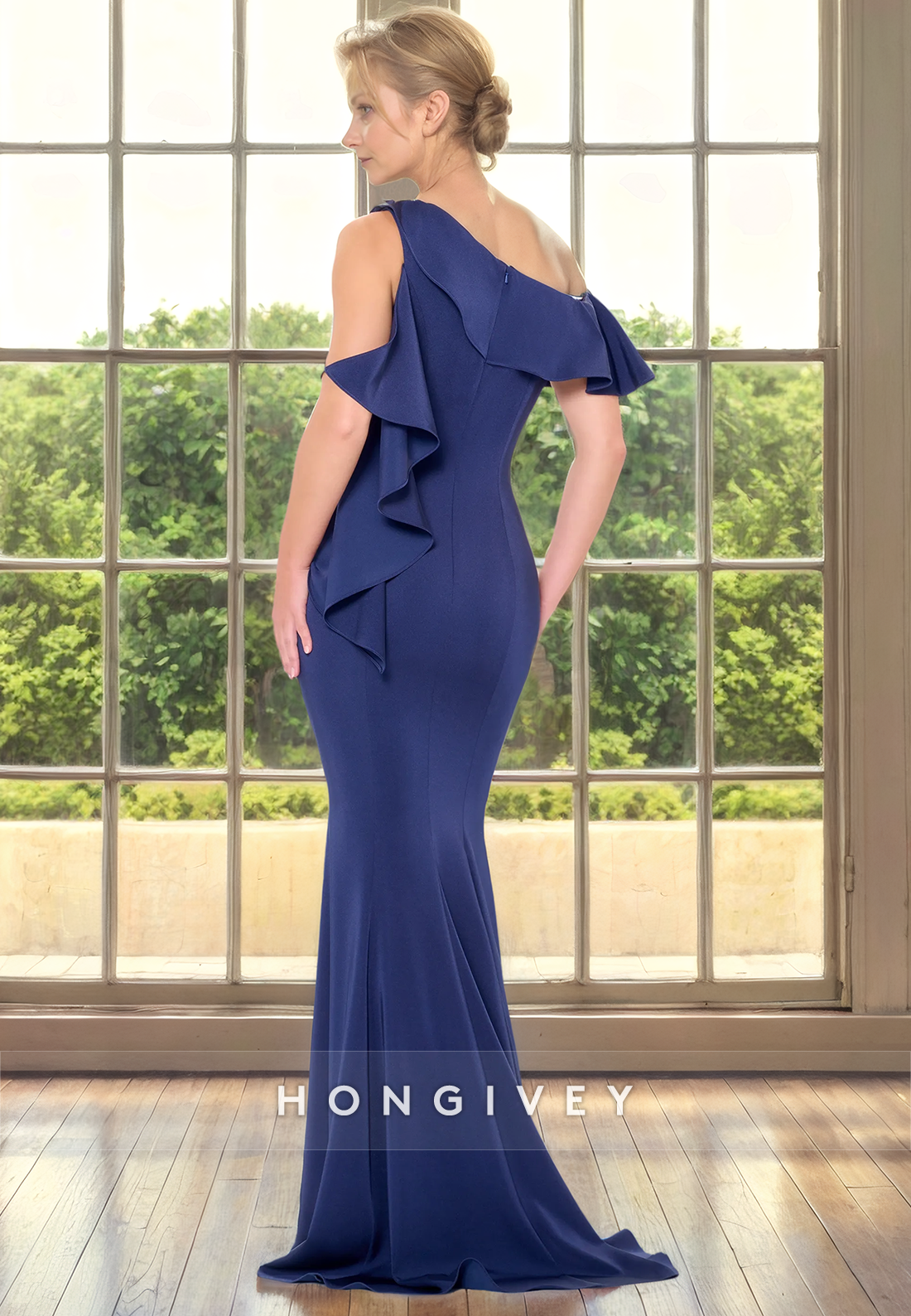 Casual Trumpet Asymmetrical One Shoulder Ruffled Cocktail Mother Of Bridge Dress