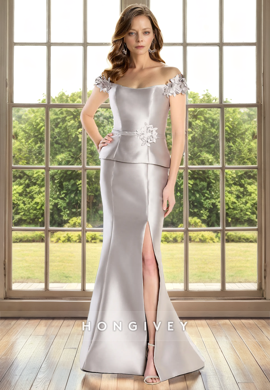 Satin Trumpet Bateau Cap Sleeves Appliques Cocktail Mother Of Bridge Dress