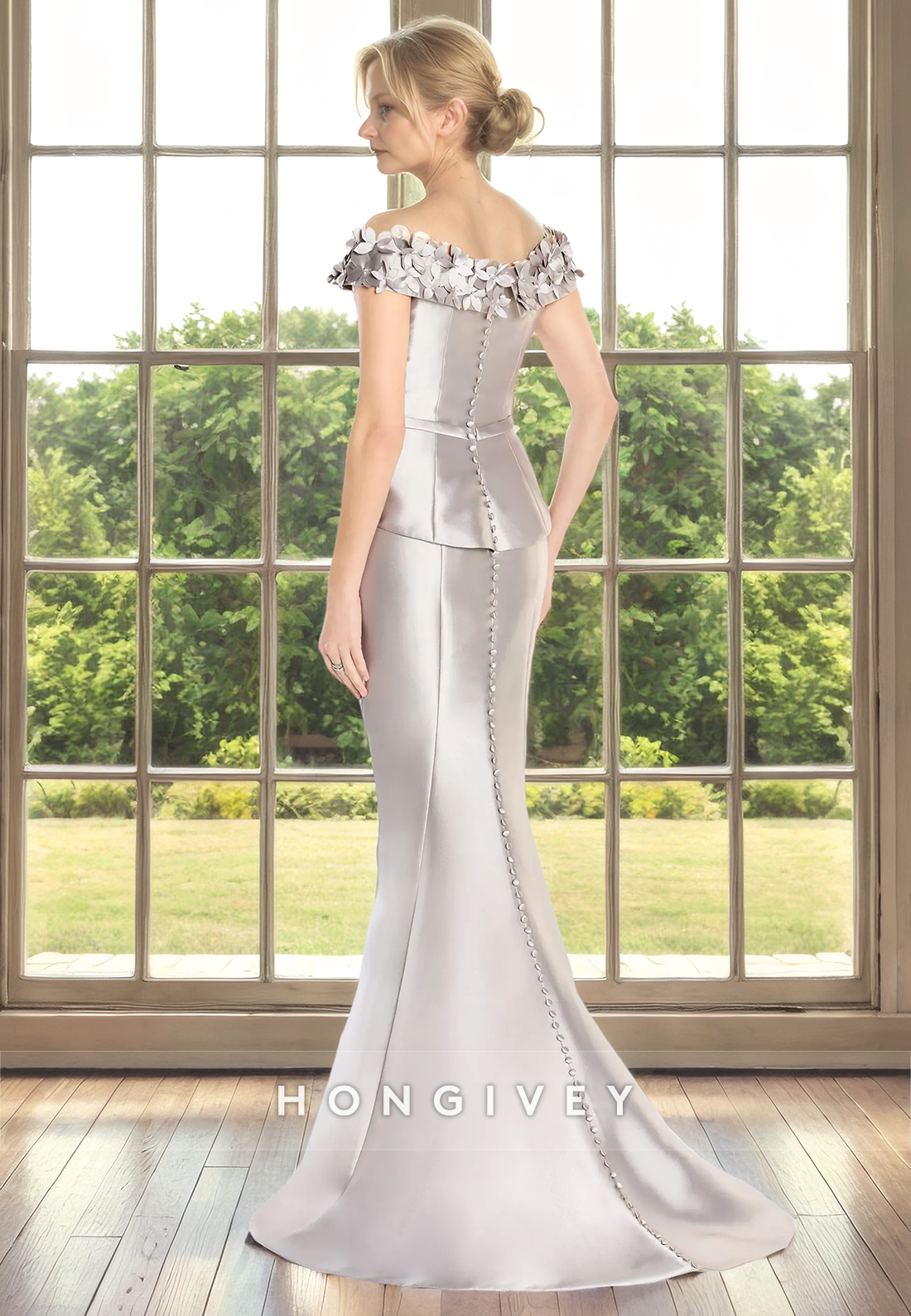 Satin Trumpet Bateau Cap Sleeves Appliques Cocktail Mother Of Bridge Dress