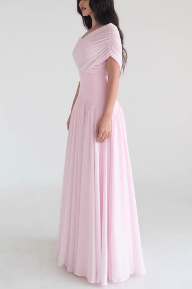 Chiffon Off Shoulder Pleated A-Line Maxi Gown 4