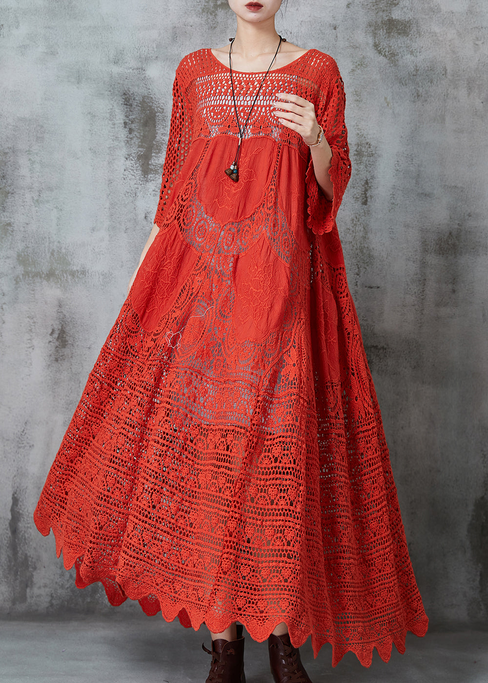 Crochet Lace Embroidered Floral Three Quarter Maxi Dress - View 3