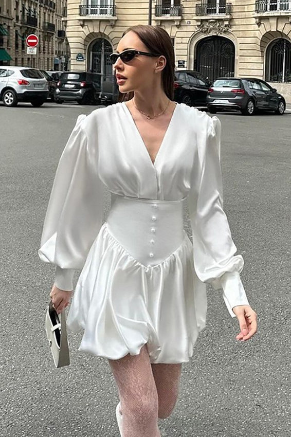 Satin V-Neck Puff Sleeve Bubble Hem Mini Dress