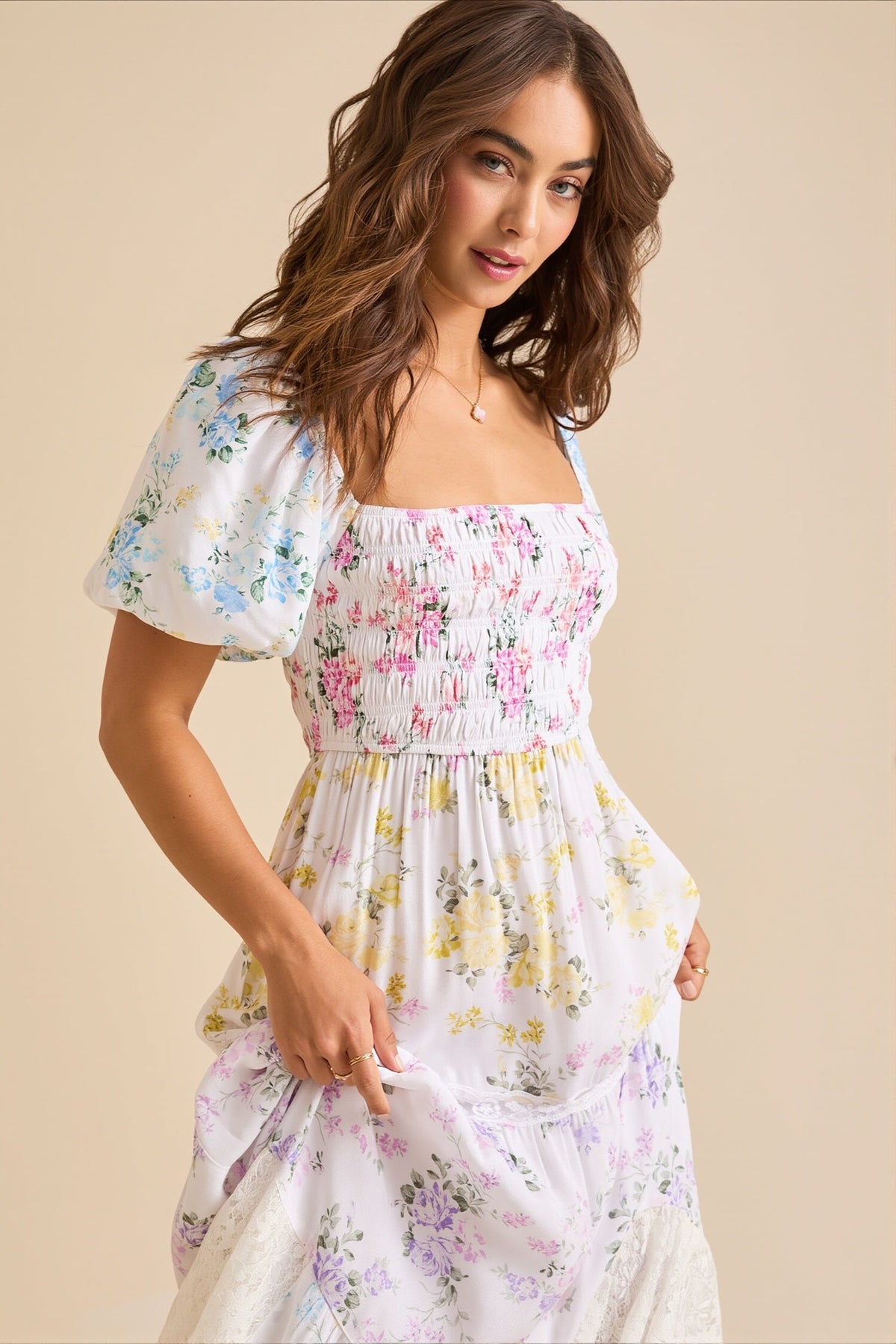 Floral Square Neck Puff Sleeve Tiered Maxi Dress