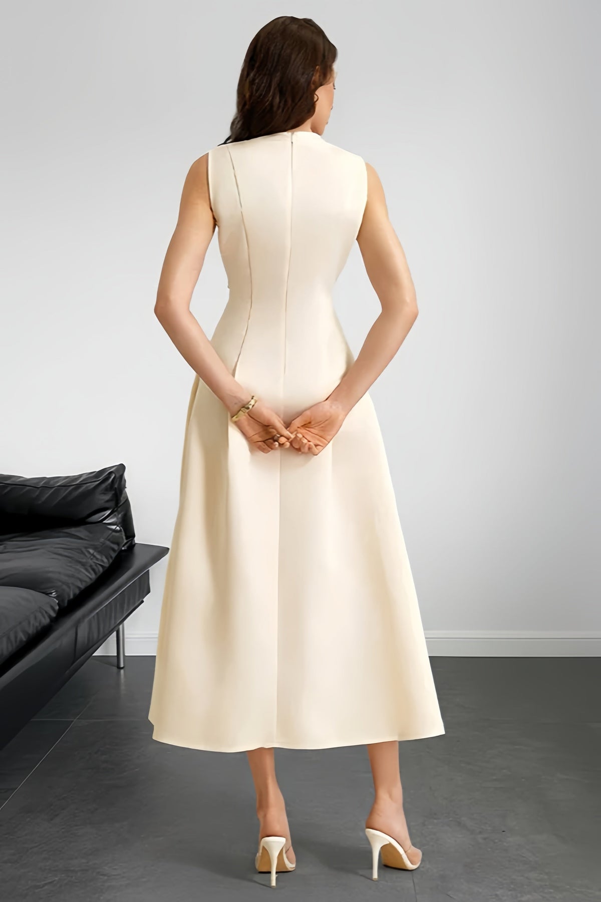 Satin Round Neck Sleeveless A-Line Midi Dress 4
