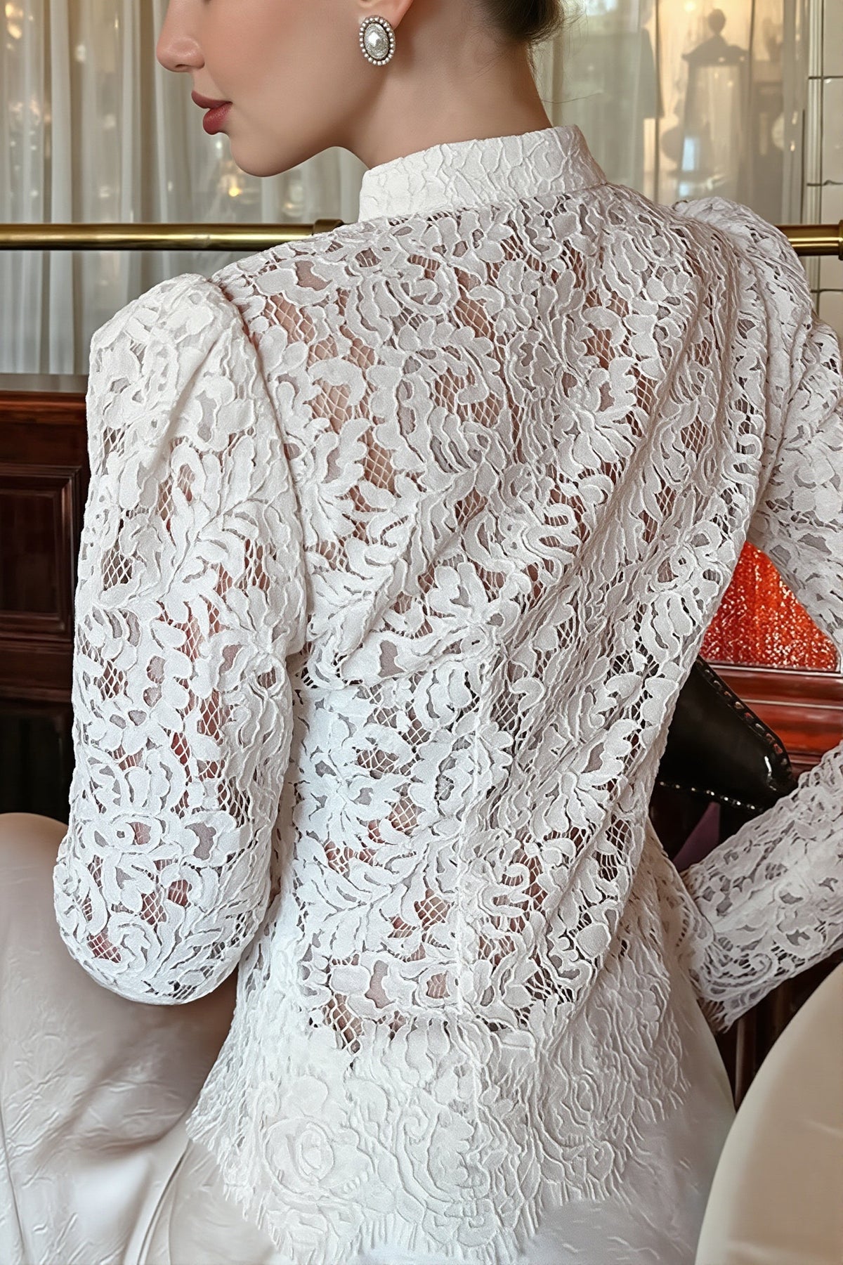Lace Stand Collar Split Hem Blouse