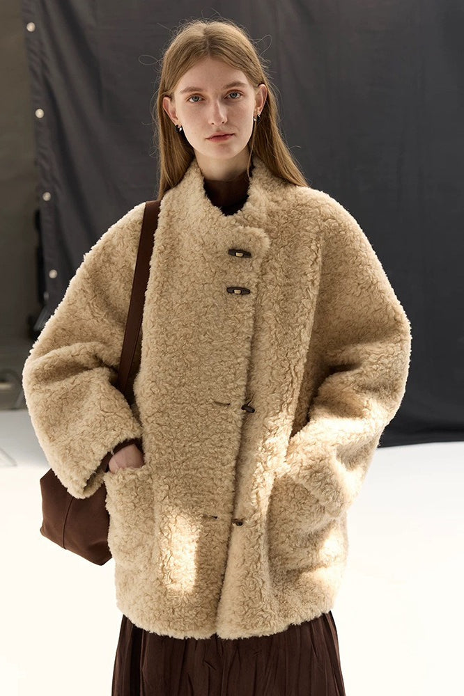 Pure Wool Bouclé Horn Button Shearling Coat