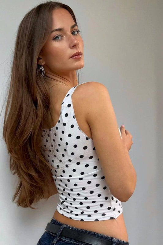 Polka Dot V-Neck Tie Waist Crop Top - Fashionpara