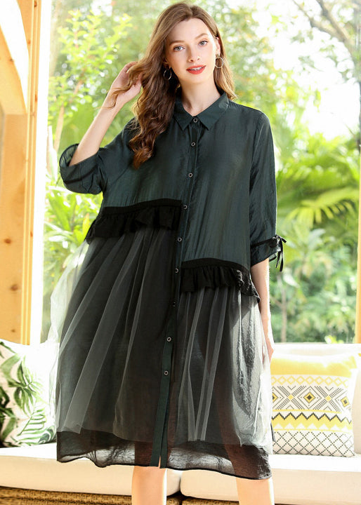 Collared Button Down Ruffle Mesh Layer Three Quarter Shirt Dress - View 3