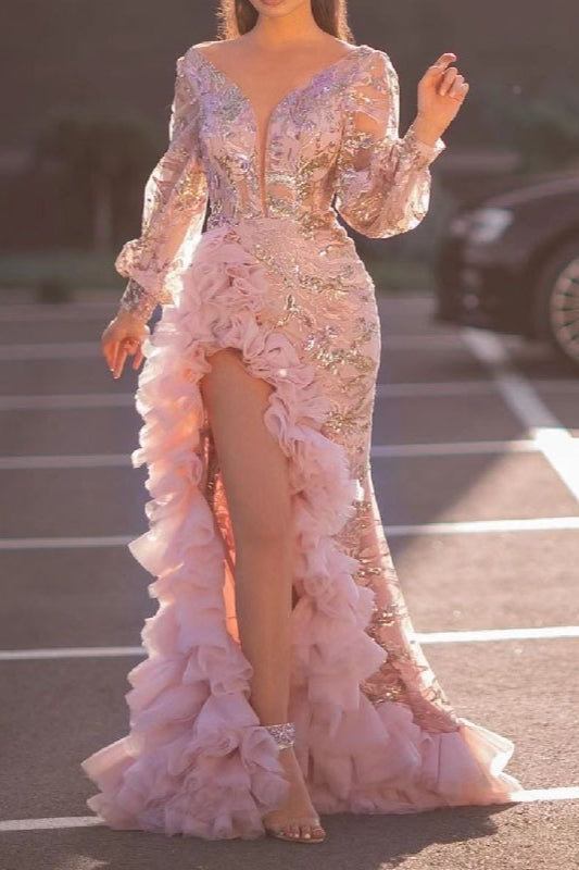 Sequin Embroidered Deep V-Neck Long Sleeve High Split Maxi Gown