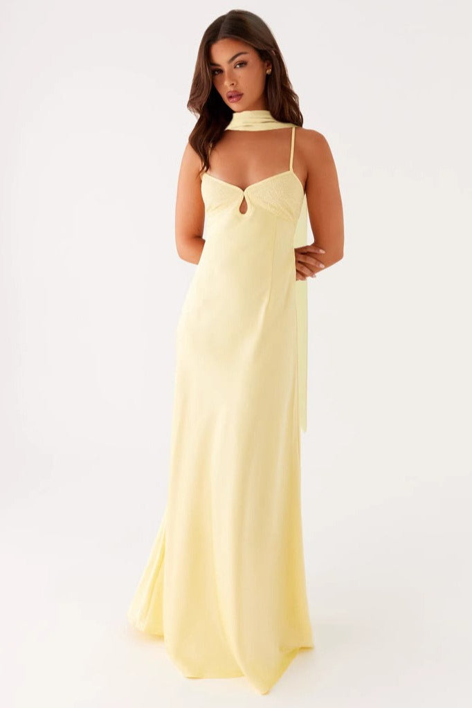 Satin V-Neck Tie-Back Maxi Luxury Party Dress