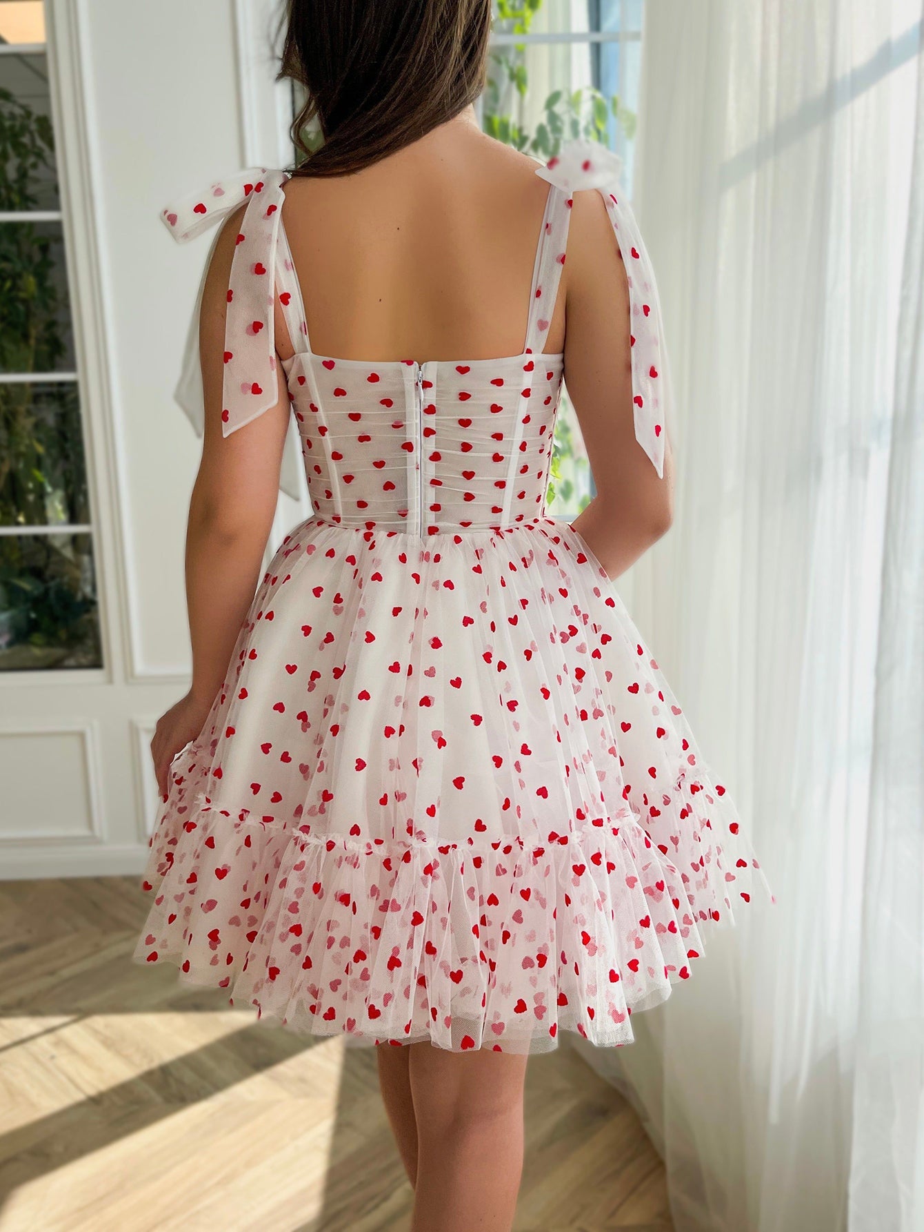 A-Line Tulle Pink Midi Prom Dress with Sweetheart Neckline - Fashionpara