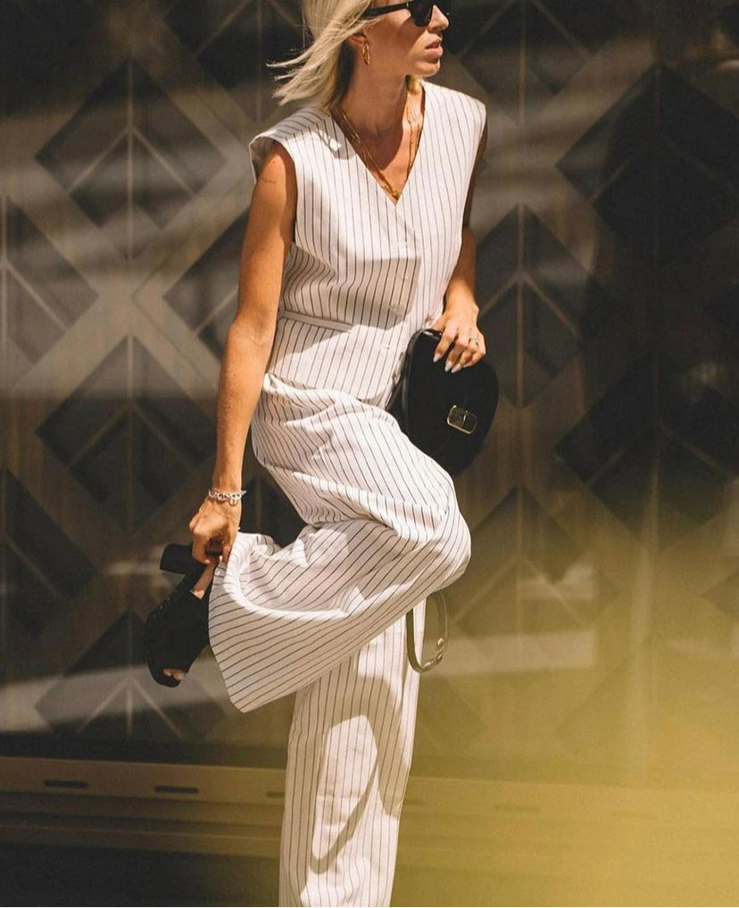 Stripe Print Loose Wide Trousers Office Two Piece Set