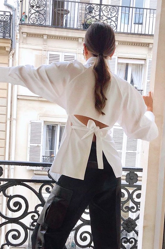 White Cutout Back Tie Blouse - Fashionpara