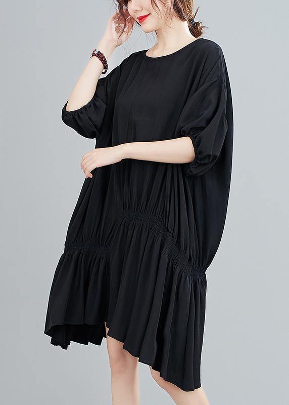Round Neck Puff Sleeve Asymmetric Ruched Midi Dress - View 3