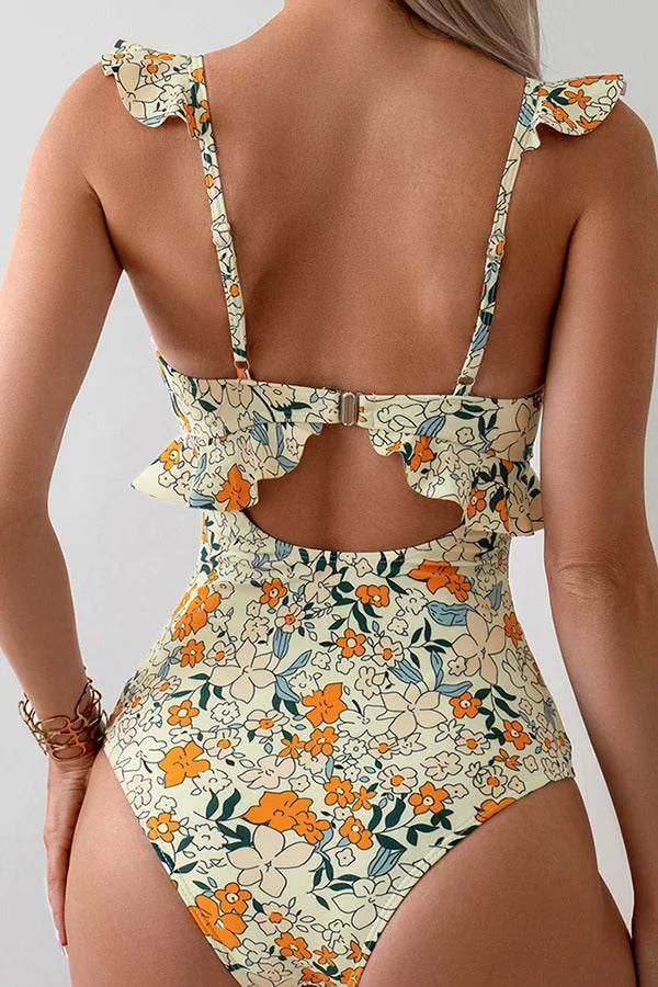 Floral Print Ruffled Stretch One-piece Swimsuit - Fashionpara