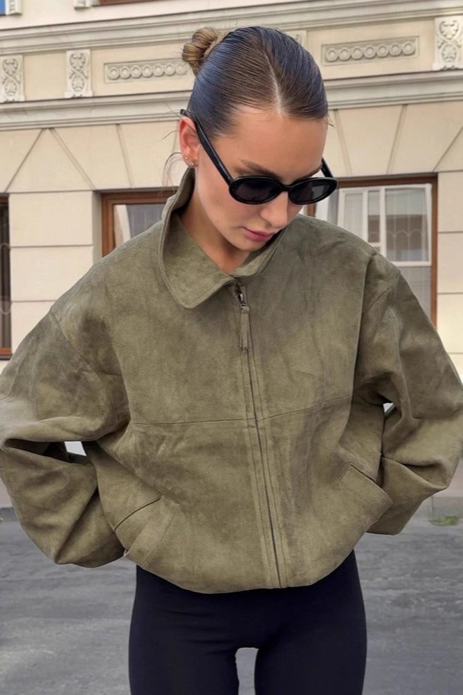Green Suede Lapel Casual Jacket