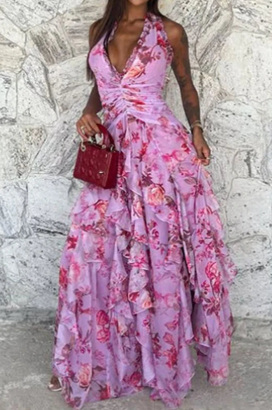 Floral Print Halter Plunge Ruffle High-Slit Maxi Dress 3
