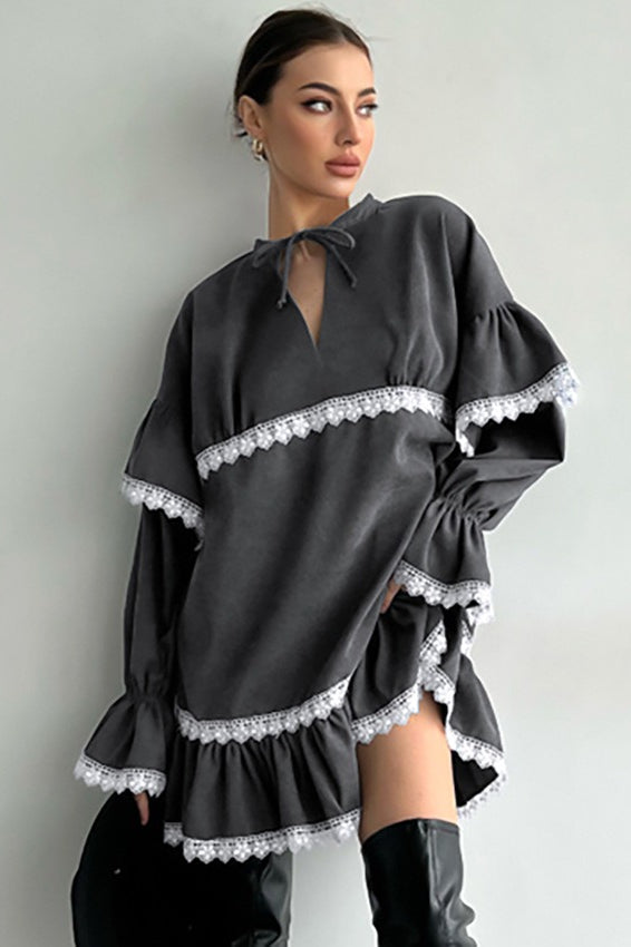 Crochet Trim Tie Neck Balloon Sleeve Tiered Mini Dress