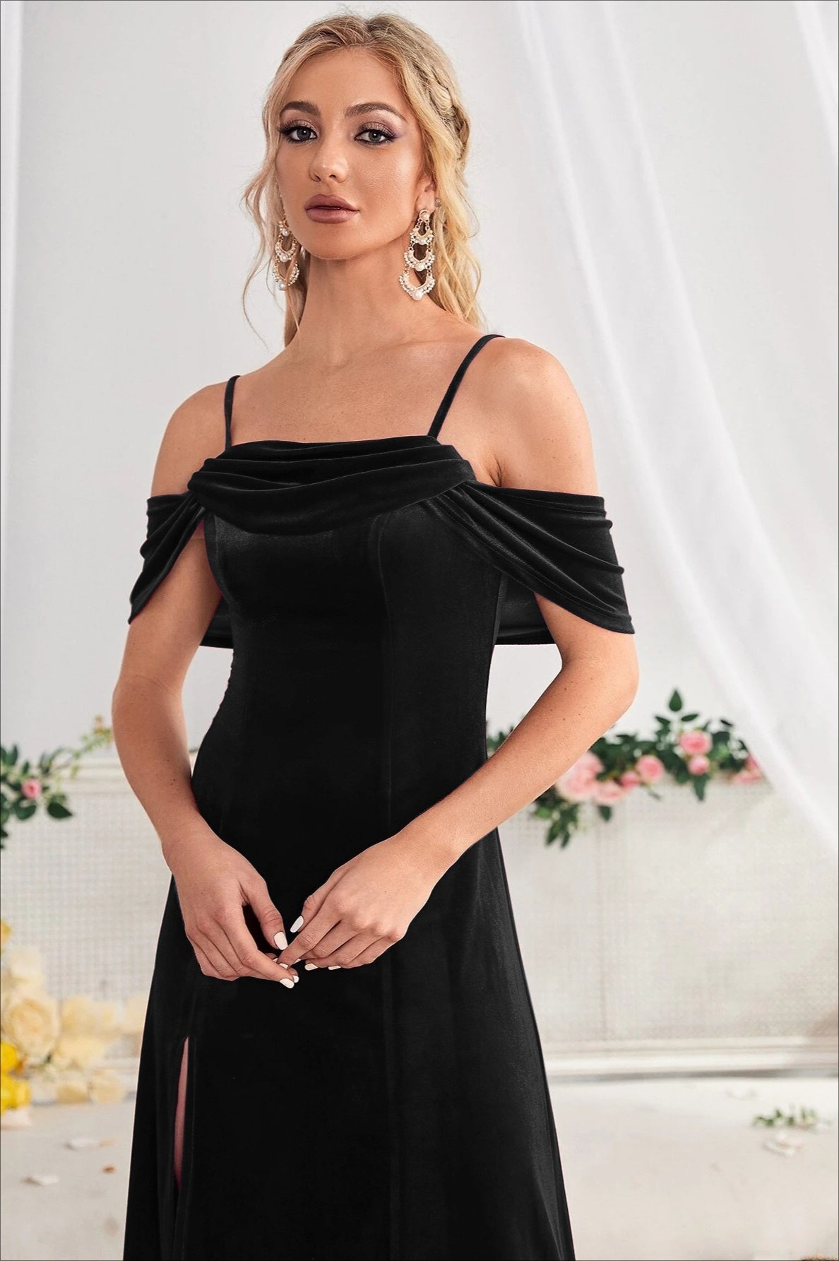 Velvet Off Shoulder Sling Split Maxi Evening Velvet Dress - Fashionpara