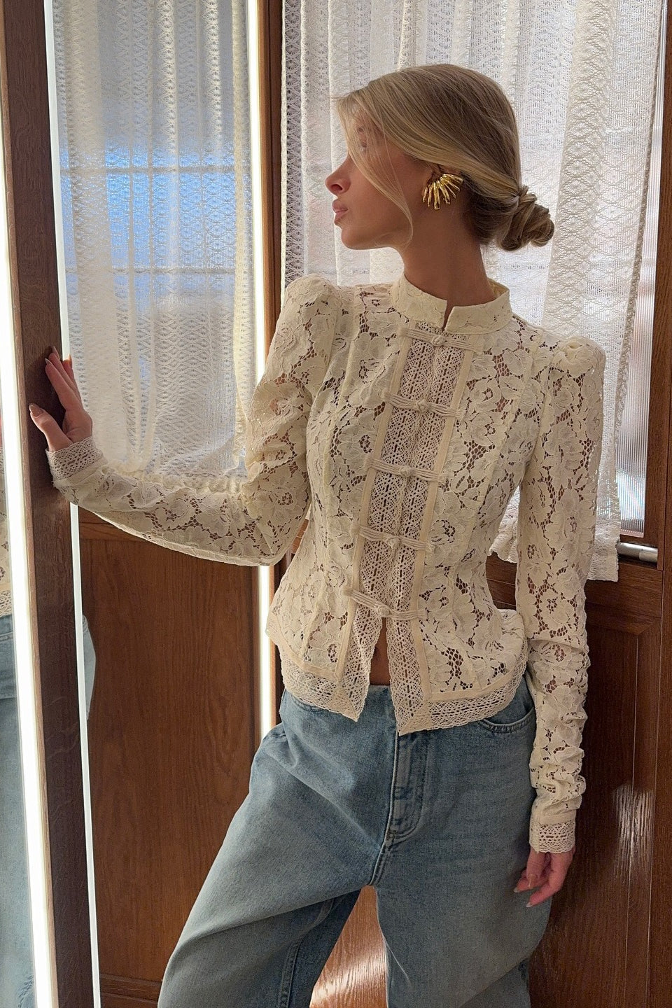 Lace Cutout Cardigan with Stand-Collar and Frog Buttons