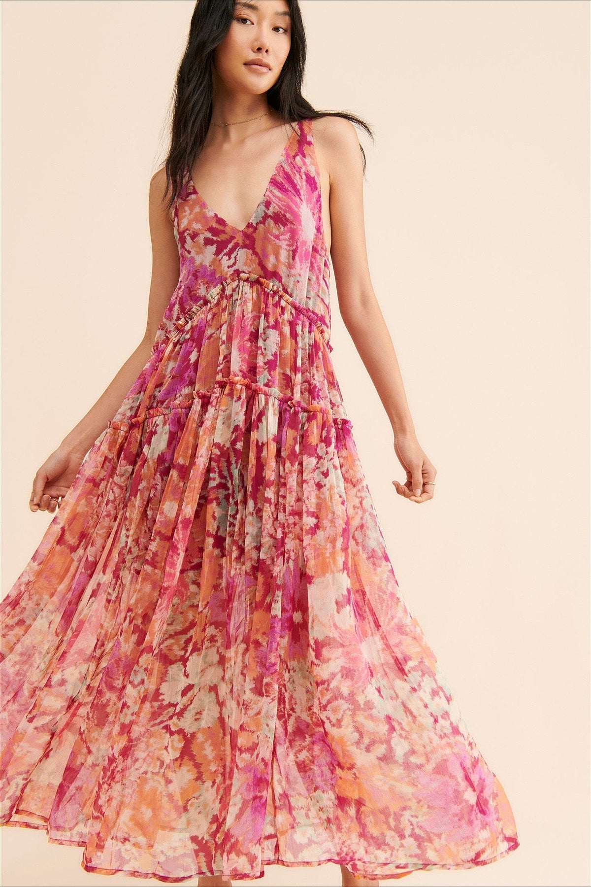 Floral Print V-Neck Tiered Chiffon Maxi Dress