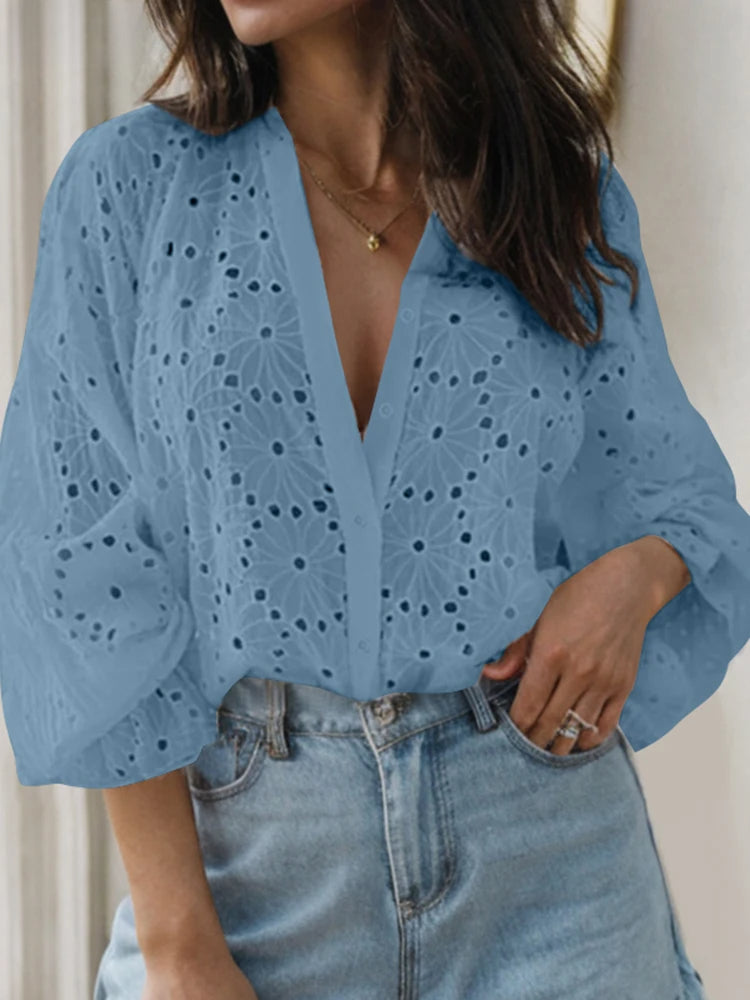 Sexy Flared Long Sleeve Tunic V-neck Blouse