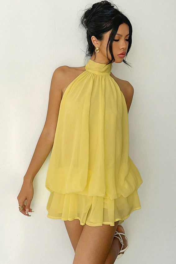 Chiffon Halter Neck Tiered Swing Mini Dress