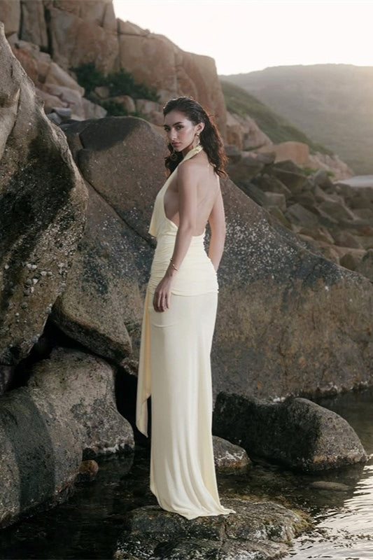 Draped Neckline Low-Back Maxi Party Dress