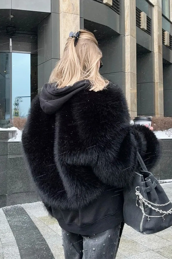 Textured Faux Fur Wide Sleeve Coat - Fashionpara