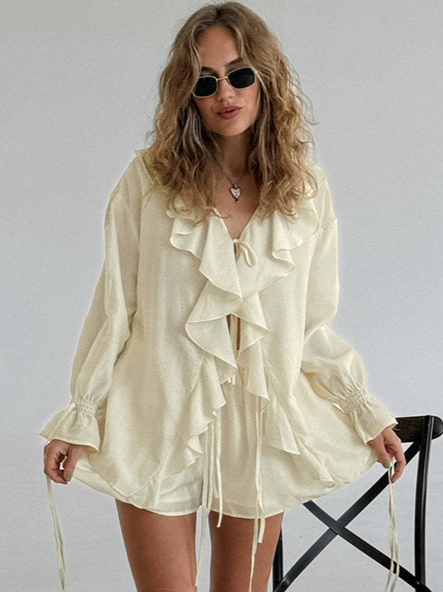 Ruffled Hem Tie Front Cardigan and Shorts Set for Style