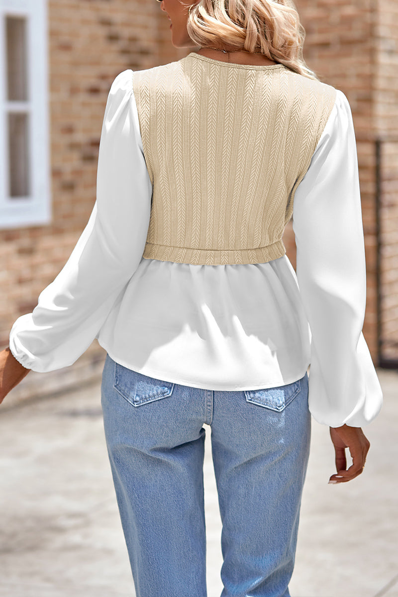 V-neck Patch Work Long-sleeved Top - Fashionpara