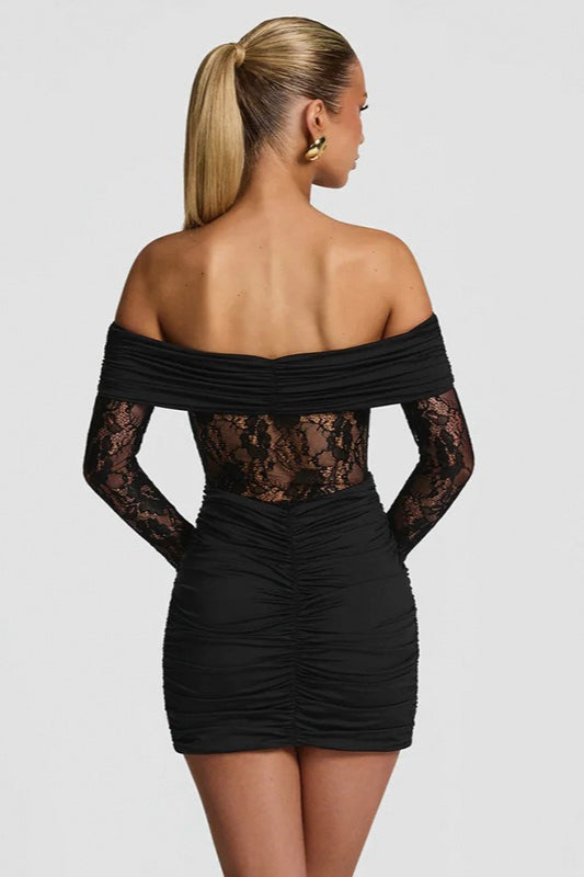 Off-Shoulder Lace Sleeve Ruched Bodycon Mini Dress