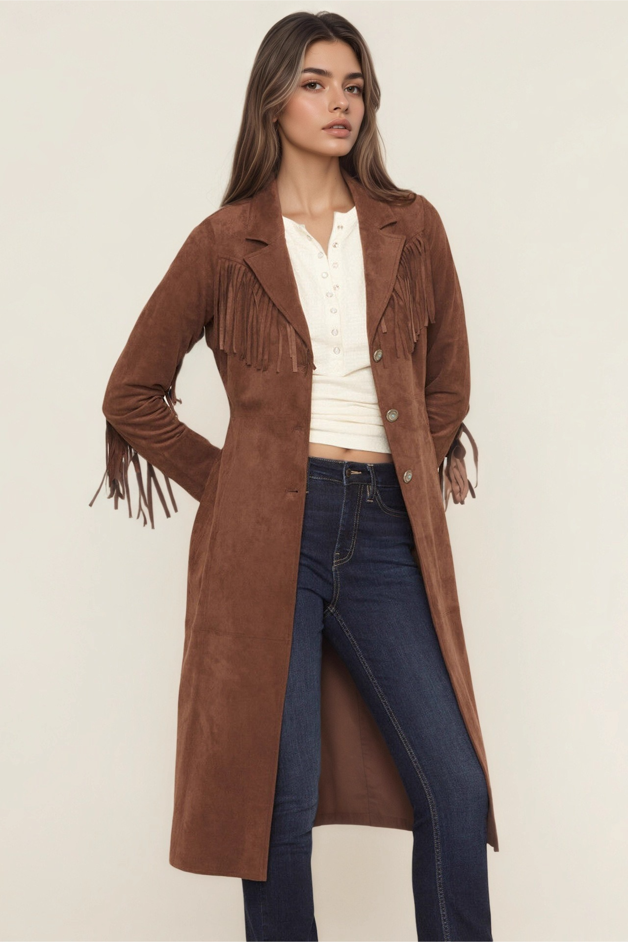 Faux Fur Notch Lapel Long Fringe Long Sleeve Overcoat - Fashionpara