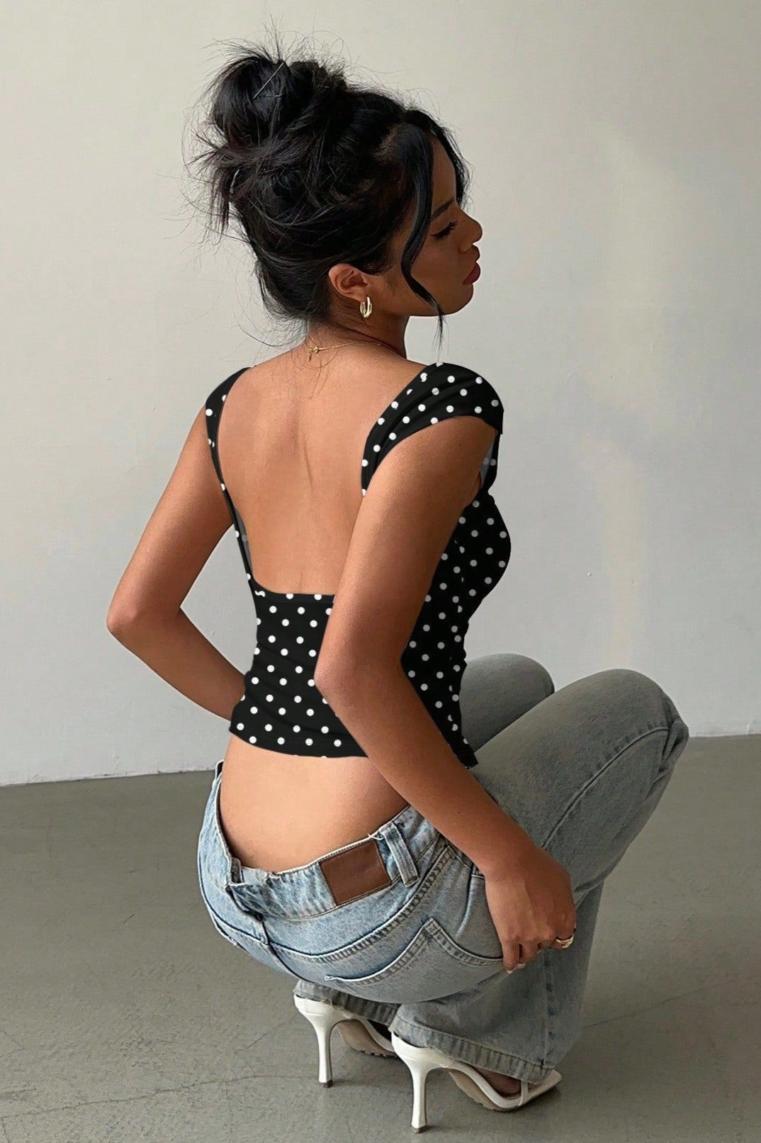 Polka Dot Boat Neck Open Back T-shirt