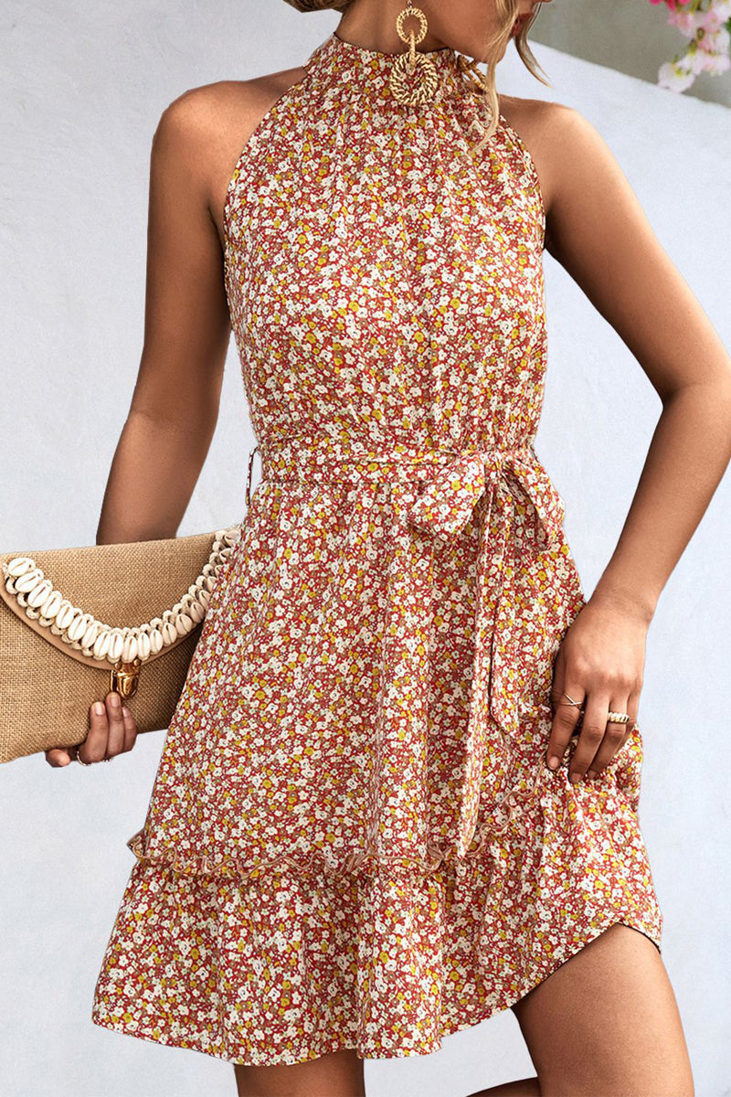 Floral High Neck lace-up Mini Dress - Fashionpara