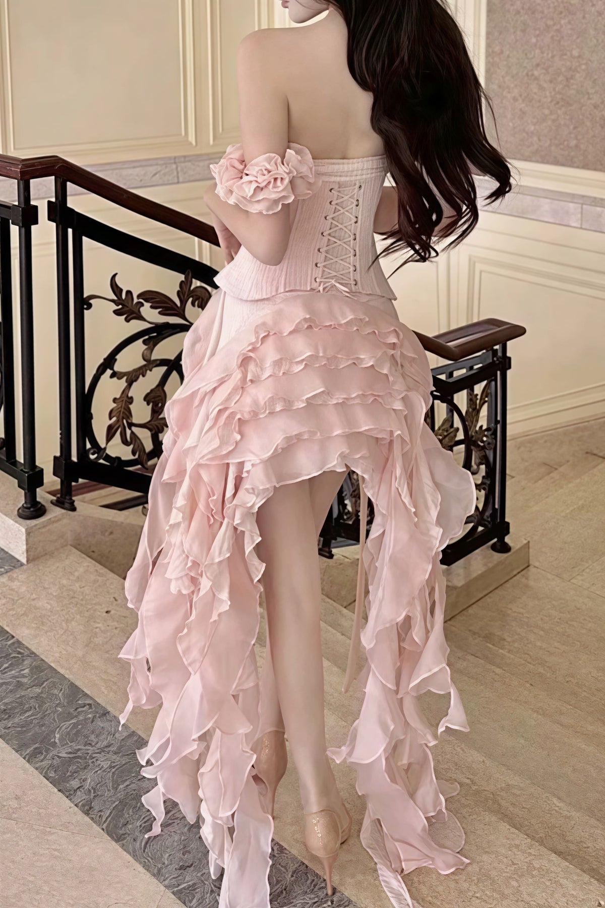 Crinkle Cotton Off Shoulder Corset Ruffle Dress 12