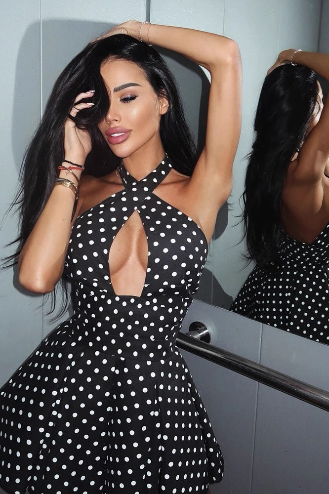 Polka Dot Halter Backless Bodycon Mini Dress - Fashionpara
