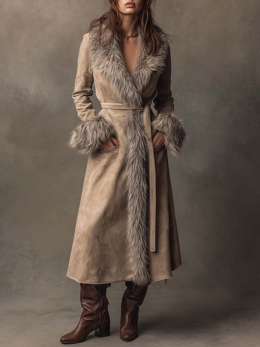 Toffee Cream Eco-friendly Suede Long Coat With Faux Fur Trim And Belt - Fashionpara