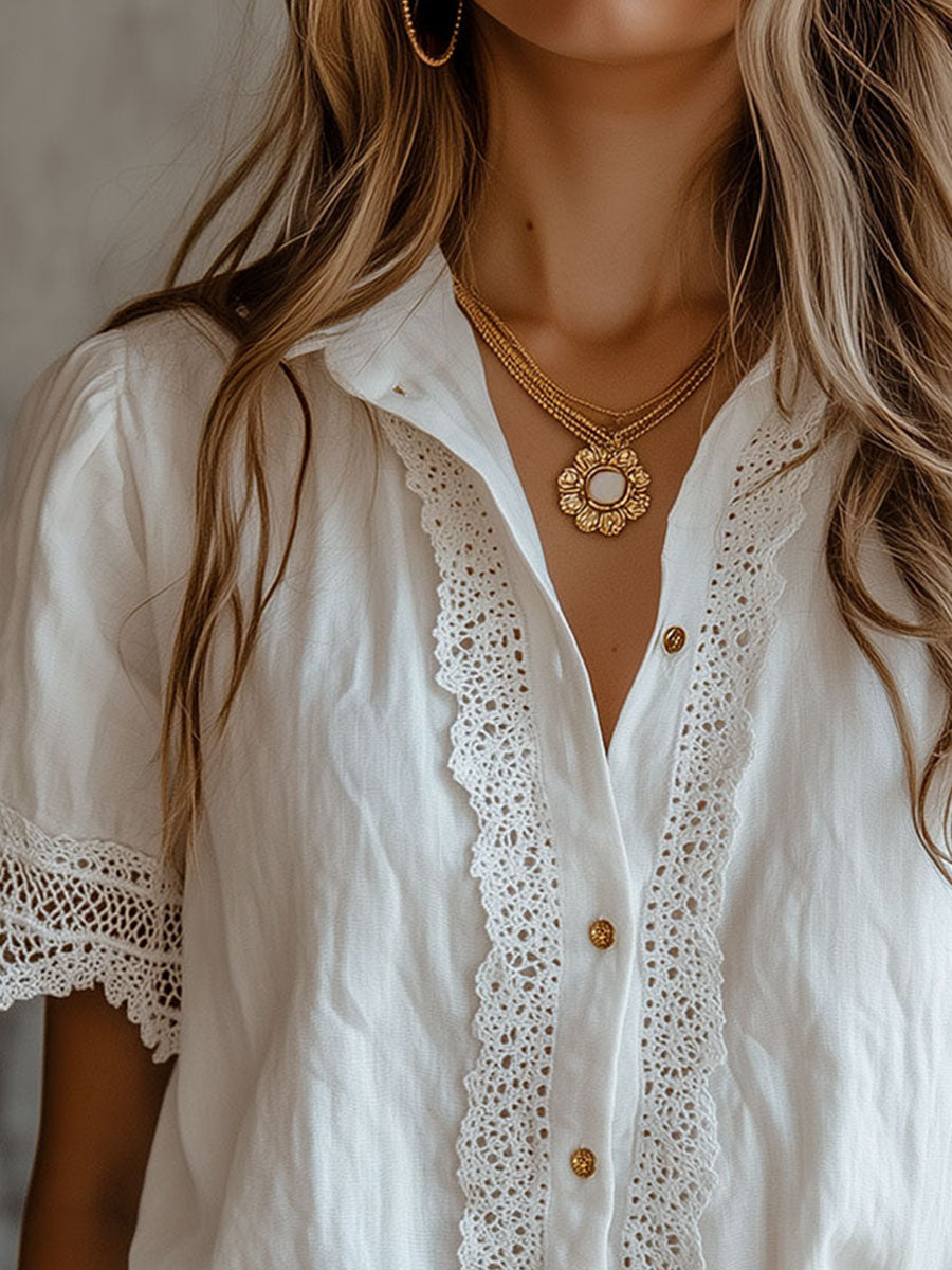 Vintage-Inspired Lace Trim White Blouse - Fashionpara
