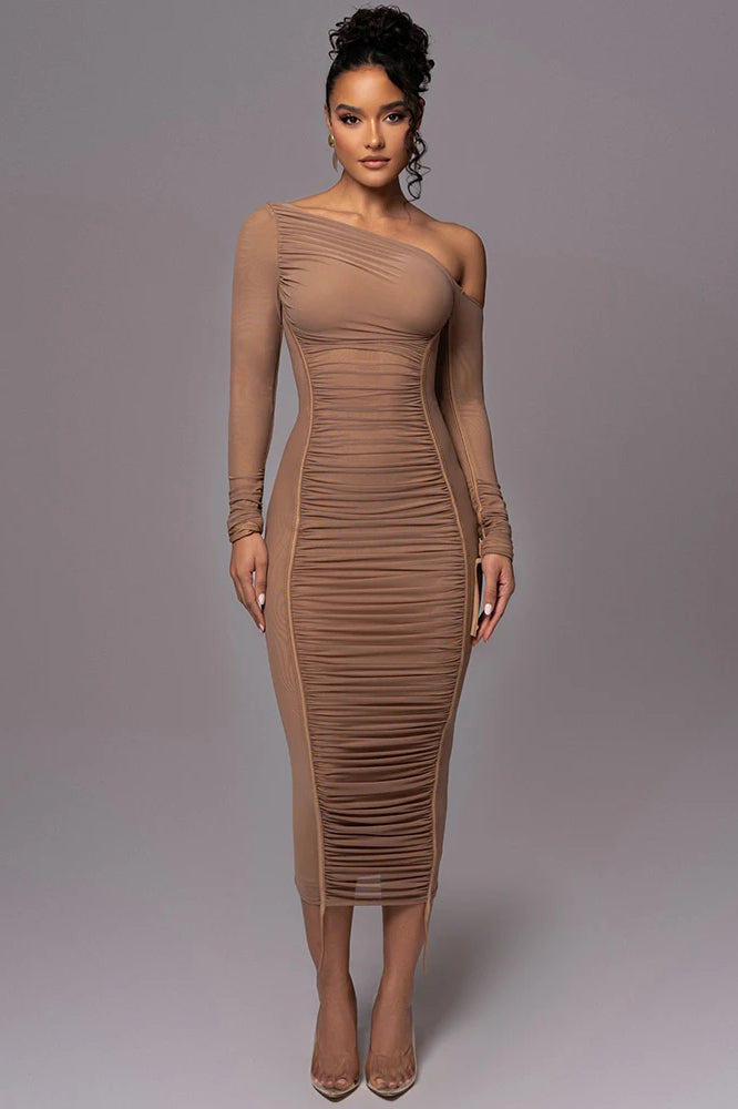 Diagonal Collar Mesh Midi Dress