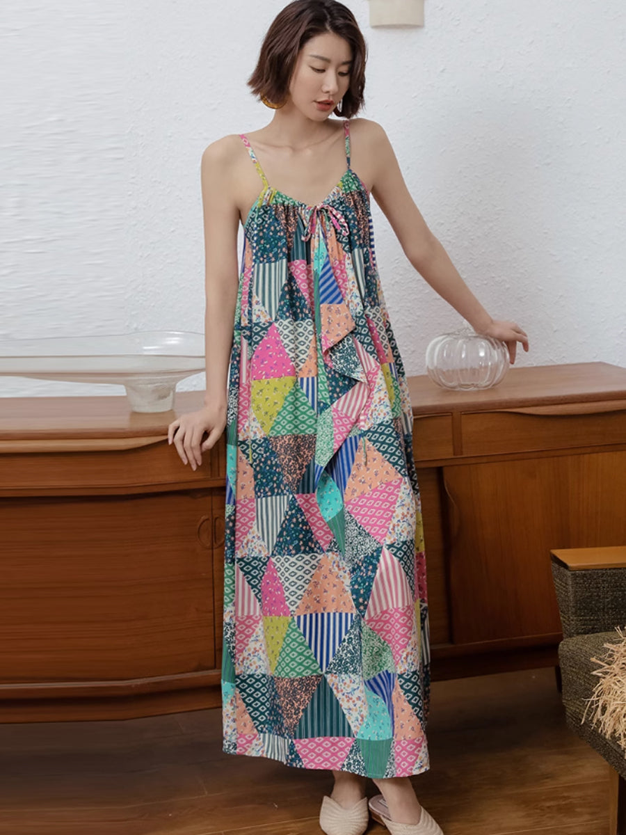 Spaghetti Strap V-Neck Patchwork Triangle Print Ruffle Maxi Dress - View 3