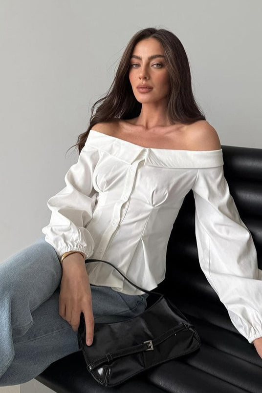 Off Shoulder Ruffled Satin Blouse - Fashionpara