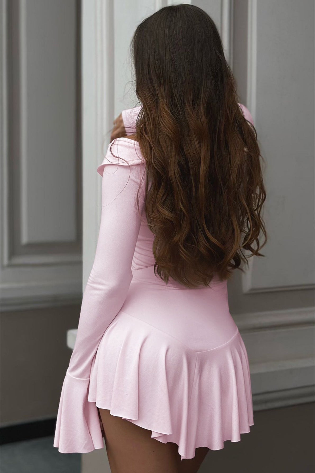 Ruffle Trim V-Neck Long Sleeve Flared Mini Dress