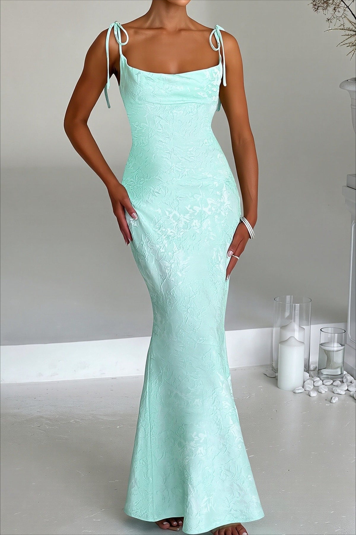 Jacquard Square Neck Tie Strap Fishtail Maxi Gown