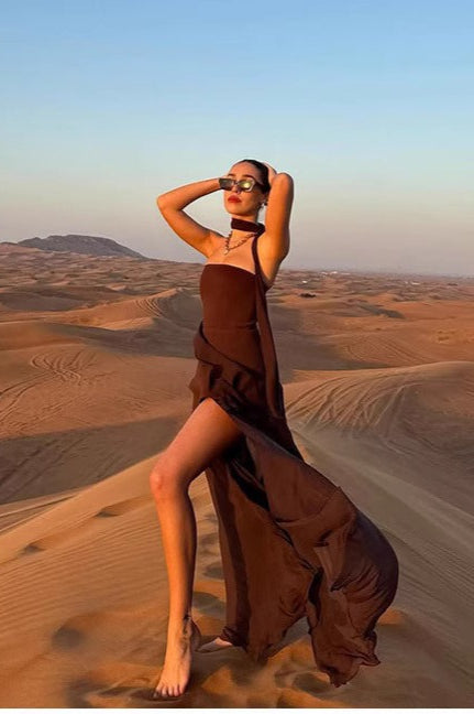 Sexy Strapless Asymmetrical Mesh Split Scarf Formal Dress