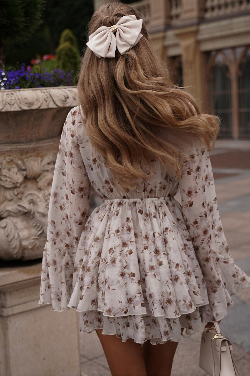 Floral Print V-Neck Bell Sleeve Tiered Ruffle Mini Dress